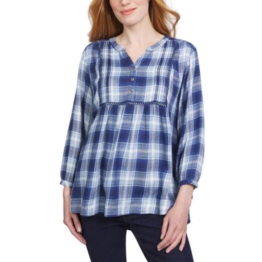 Wrangler Womens Blue Plaid Babydoll Blouse Crochet Trim 3/4 Sleeve Small 1815407